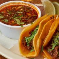 Birria Taco W. Consome (Order Of 3) · Seasoned beef braised overnight topped with onion and cilantro and specialty sauce. Tacos to...