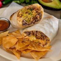 Steak Burrito · Grilled steak, Mexican rice, pinto beans, lettuce, Monterrey jack cheese, sour cream, and ou...
