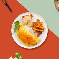 Cheese Squeeze Omelette · Eggs cooked with loaded cheese as an omelette and served with toast and hash brown.