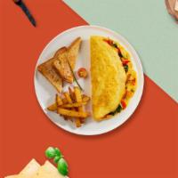 All Veggies Omelette · Eggs, green peppers, spinach, onion and tomatoes and cheddar cheese served with hash brown a...