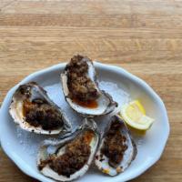 Roasted Oysters · merguez sausage, breadcrumbs, chile oil, lemon
4 oysters per order