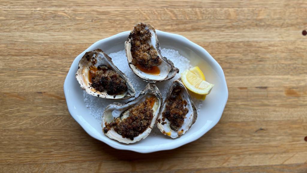 Roasted Oysters · merguez sausage, bread crumb, chile oil
4 per order