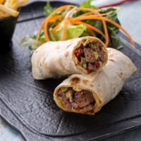 Lamb & Beef Burrito · Delicious Burrito made with a combo of Seasoned lamb and beef, rice, beans, tomato and lettu...