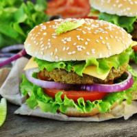 Veggie Cheeseburger · A seasoned all-natural veggie patty with tomatoes, lettuce, onions and customer's choice of ...