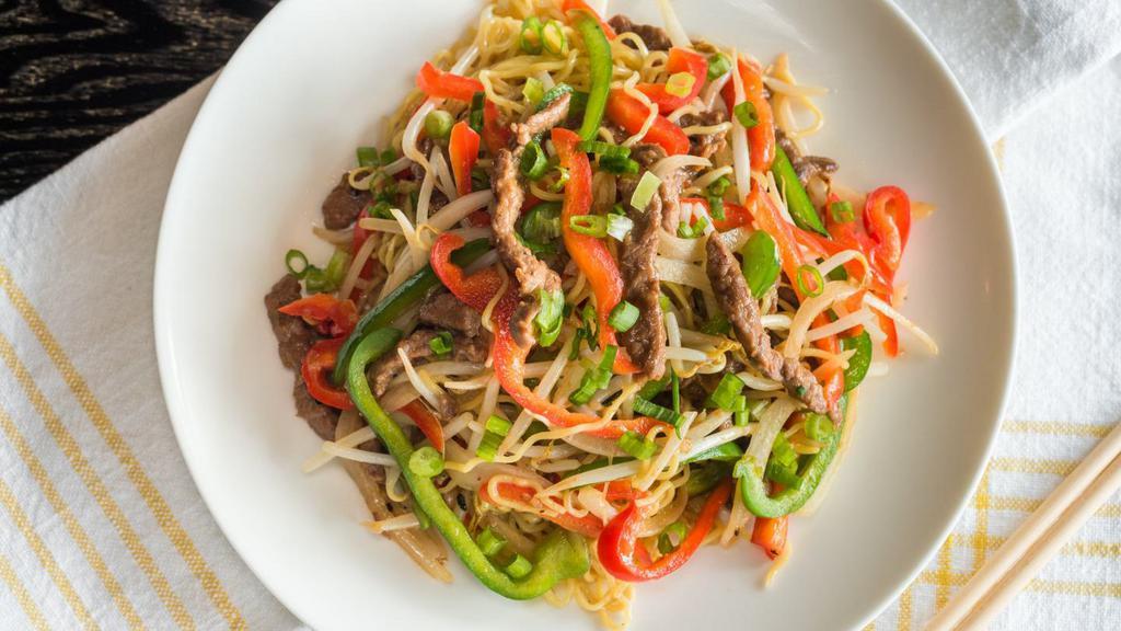 Beef · Beef, green pepper, red pepper, onion, bean sprouts, ginger, garlic, scallions.