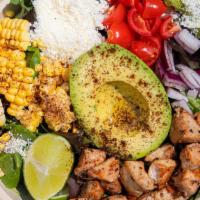 Elote Bowl · Spring mix, corn, onion, tomatoes, Cotija cheese, tortilla chips, avocado, roasted chicken, ...