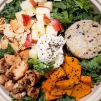 Goat Bowl · Kale, rice, almonds, apples, roasted sweet potato, goat cheese, roasted chicken and balsamic...