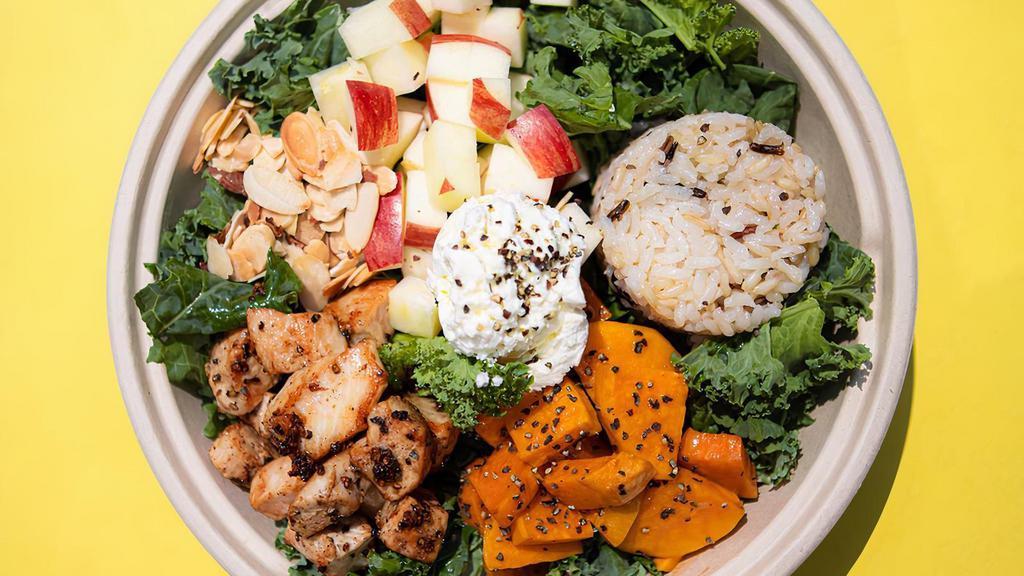Goat Bowl · Kale, rice, almonds, apples, roasted sweet potato, goat cheese, roasted chicken and balsamic vinaigrette [gf]