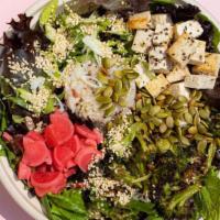 Miso Bowl · Spring mix, rice, pickled radish, roasted broccoli, scallion, sesame seeds, toasted pumpkin ...