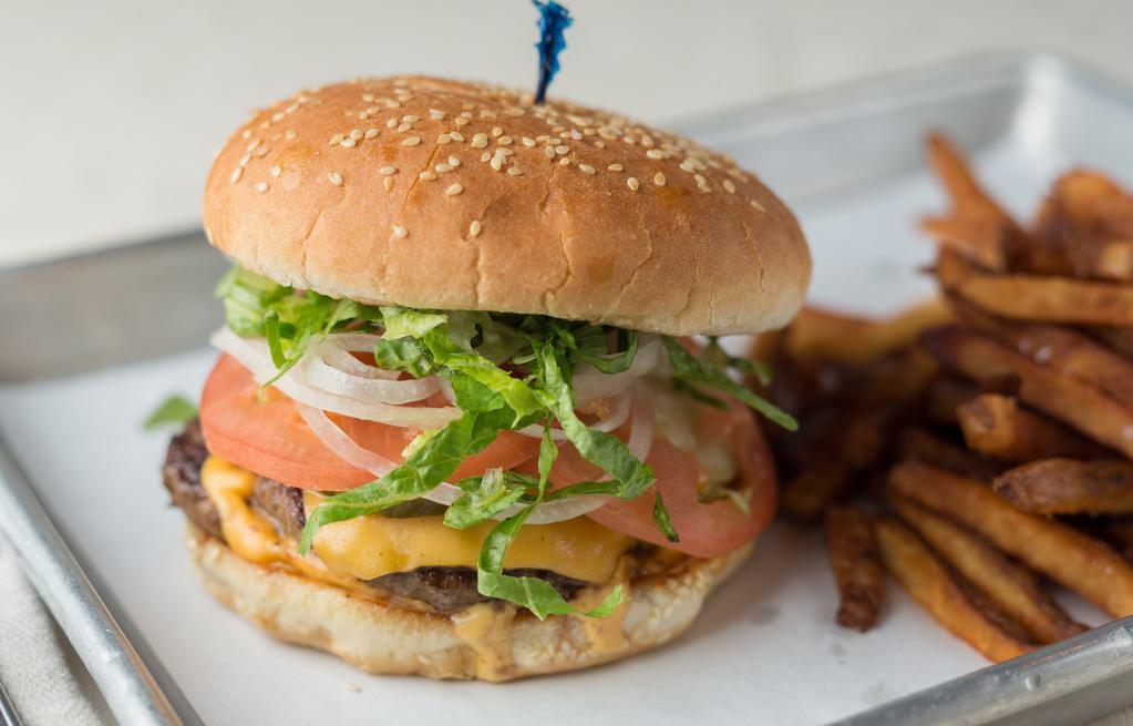 Mason Burger · Two 4oz. blend patties, Mason Sauce lettuce, cheese, pickles onion, tomato, with french fries.