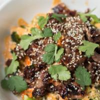 Flank Steak Bowl · Sweet soy marinated flank steak, roasted broccoli, pickled carrots, spicy mayonnaise, sesame...