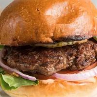 Single Hamburger · Beef patty with lettuce, tomatoes, red onion, pickles and a house-made Stocked Sauce served ...