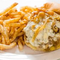 Blues Burger · Blue cheese-stuffed patty and caramelized onions.