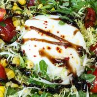 Burrata Salad · Burrata Cheese with Basil Puree, Baby Arugula, Frisee, Tomato, Corn, Herbs, Mustard Salad Dr...