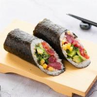 C1S Sushi Burrito Salmon · Salmon, sushi rice, avocado, cucumber, seaweed salad, sweet corn, cherry tomatom, spicy crea...