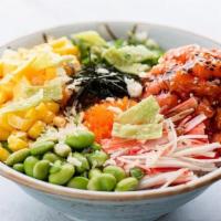 C2S Poke Bowl Salmon · Salmon, Sushi rice, crabmeat, avocado, seaweed salad, sweet corn, masago, edamame, tamago, c...