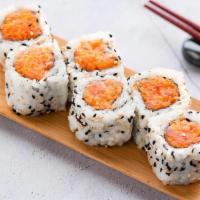 R14 Crunchy Spicy Salmon Roll · Sushi roll with spicy tuna and crunchy Japanese crackers.