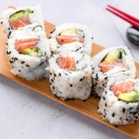 R15 Salmon Cream Cheese Avo Roll · Sushi roll with spicy salmon and crunchy Japanese crackers.