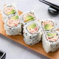 R6 Crabmeat Salad Avo Roll · Sushi roll with crab salad and avocado.