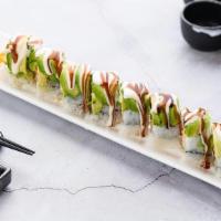 S3 Cheesy Dragon Roll · Toasted Eel, Cream Cheese, Cucumber Topped w. Avocado and (Chef Sweet Sauce) 8pcs