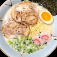 Tonkusu Ramen · Classic Tonkotsu broth with chashu pork, fish cake, sweet corn, scallions, soft boiled egg a...