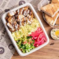 Chicken Kebob Plate · Plate comes with your choice of rice or couscous, Four Side Salads and a Side of Pita