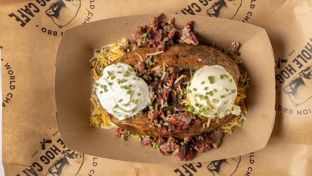 Loaded Baked Potato · Giant baked potato topped with butter, shredded cheddar jack, sour cream, and chives.
560-930 Cal