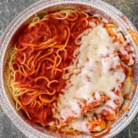 Chicken Parmesan * · Served with Salad & Spaghetti.