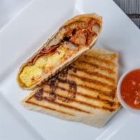 Breakfast Burrito · Scramble eggs, sausage, bacon, Cheddar, mild salsa on a jalapeño tortilla wrap.