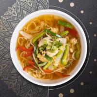 More Mai Fun Noodle Soup · Rice Mai Fun fine noodle, tofu, seaweed, spinach, carrots, and mushrooms in miso broth.