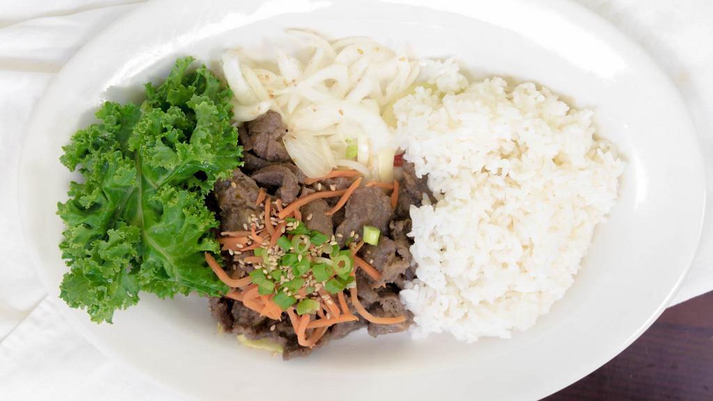 E3 Bulgogi Bob · Thinly sliced lean beef marinated in special bulgogi sauce with onion, carrot and scallion over white rice.