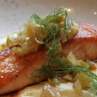Maple & Chili Glazed Salmon · Parsnip purée, apple and fennel relish.