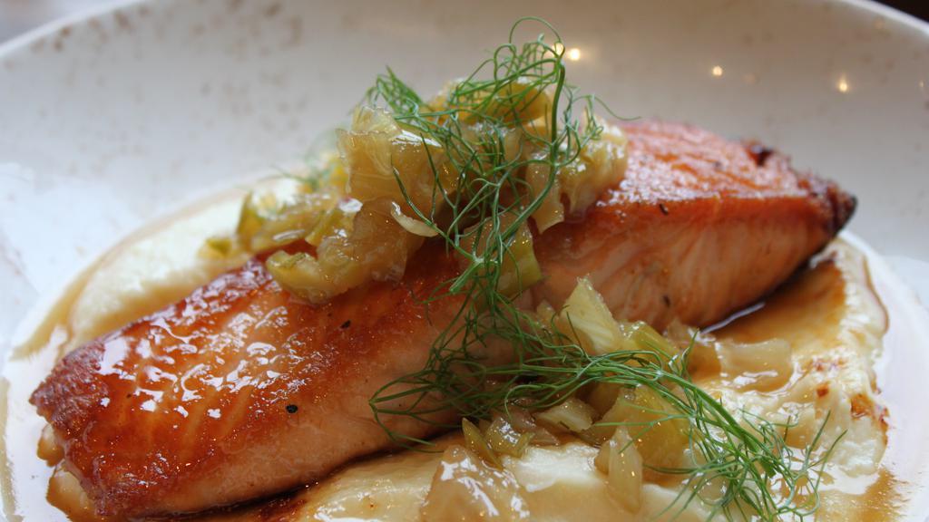 Maple & Chili Glazed Salmon · Parsnip purée, apple and fennel relish.