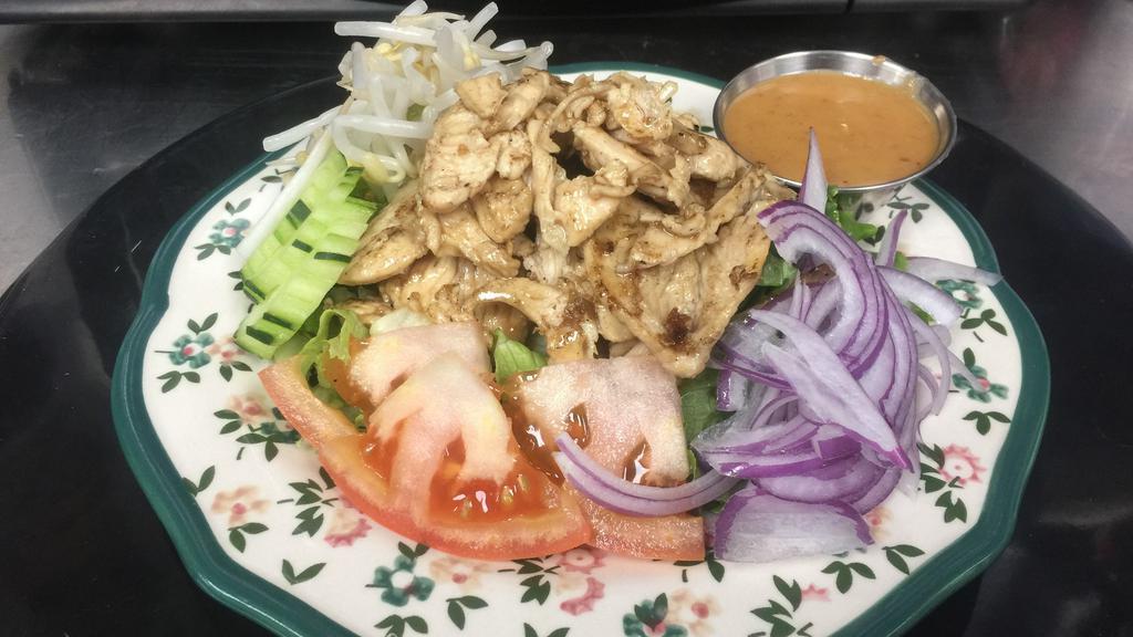 Grilled Chicken Salad · Marinated grilled chicken, lettuce, tomato, shallot and bean sprout with side of peanut dressing.