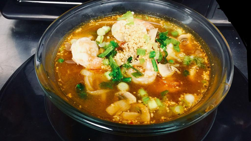 Tom Yum Noodle Soup · Hot and sour shrimp broth with mushroom, Chinese broccoli and bean sprouts. * 
 
*Medium Spicy