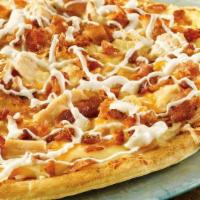 Chicken Bacon Ranch Pizza · Fried chicken, bacon, and drizzled with ranch dressing (no sauce).
