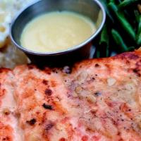 Salmone Alla Sofia · Grilled Fillet of Norwegian Salmon, Served with a Lemon Wedge and Dijonnaise Sauce on the Si...