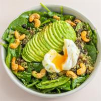 Healthy Bowl Salad · Quinoa, spinach, poached egg, lemon vinaigrette, spicy cashews, portobello mushrooms, avocad...