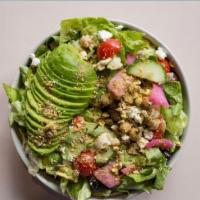 Tahini Gem Salad · Lettuce, cucumbers, chickpeas, feta, cherry tomatoes, Kalamata olives, pickled onions, chick...