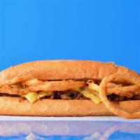 Fatties Crispy Onion Cheesesteak · 10” Philly cheesesteak loaded with grilled steak, melted cheese and crispy onion rings on a ...