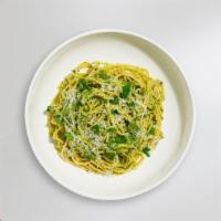 Pesto Pasta · Fresh basil leaves, garlic, grated parmesan cooked with spaghetti. Served with bread.