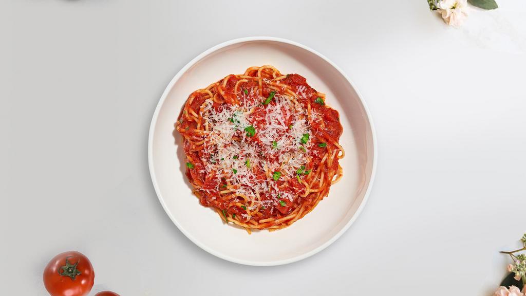 Marinara Pasta · Fresh tomatoes, olive oil, and basil ground for marinara sauce cooked with spaghetti. Served with bread.