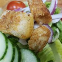 House Side Salad · Romaine lettuce, red onion, grape tomato, cucumber, cherry pepper and house-made croutons wi...