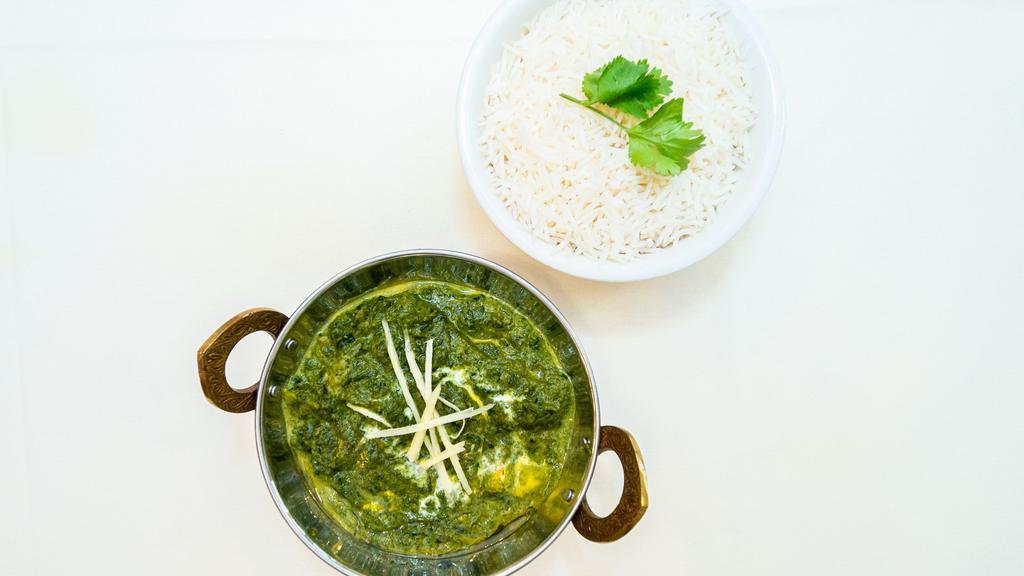 Palak Paneer · Vegetarian. Simmered spinach with exotic spices added with cottage cheese.