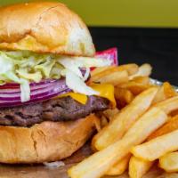Cheeseburger · Mayo, Lettuce, Tomato, and Onion served  with fries and a pickle