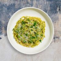 Pesto Posture Linguine Pasta · Fresh linguine cooked with garden fresh basil, pine nuts, and parmigiano.