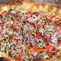 Sausage & Peppers Pizza · Sausage, roasted red peppers, red onion, white mushrooms, organic tomato sauce.