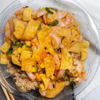 Sweet And Spicy Shrimp Bowl · Shrimp, corn, cilantro, jalapenos, and sweet onions tossed in chili garlic oil, and topped w...