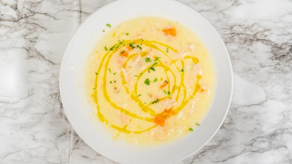 Αυγολέμονο / Chicken Soup · Egg-lemon soup with chicken, rice & vegetables.