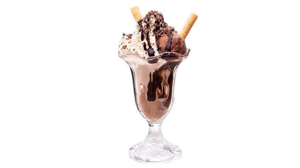 Chocolate Ice Cream Sundae · 2 scoops of delicious Haagen-Dazs chocolate ice cream along with chocolate syrup, whipped cream and nuts.